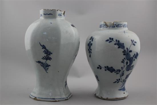 Two Delft blue and white vases, late 18th century, 17.5cm, both with losses to rims
